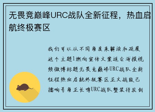 无畏竞巅峰URC战队全新征程，热血启航终极赛区