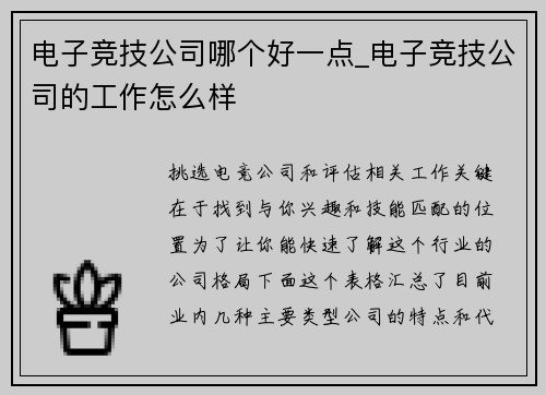 电子竞技公司哪个好一点_电子竞技公司的工作怎么样